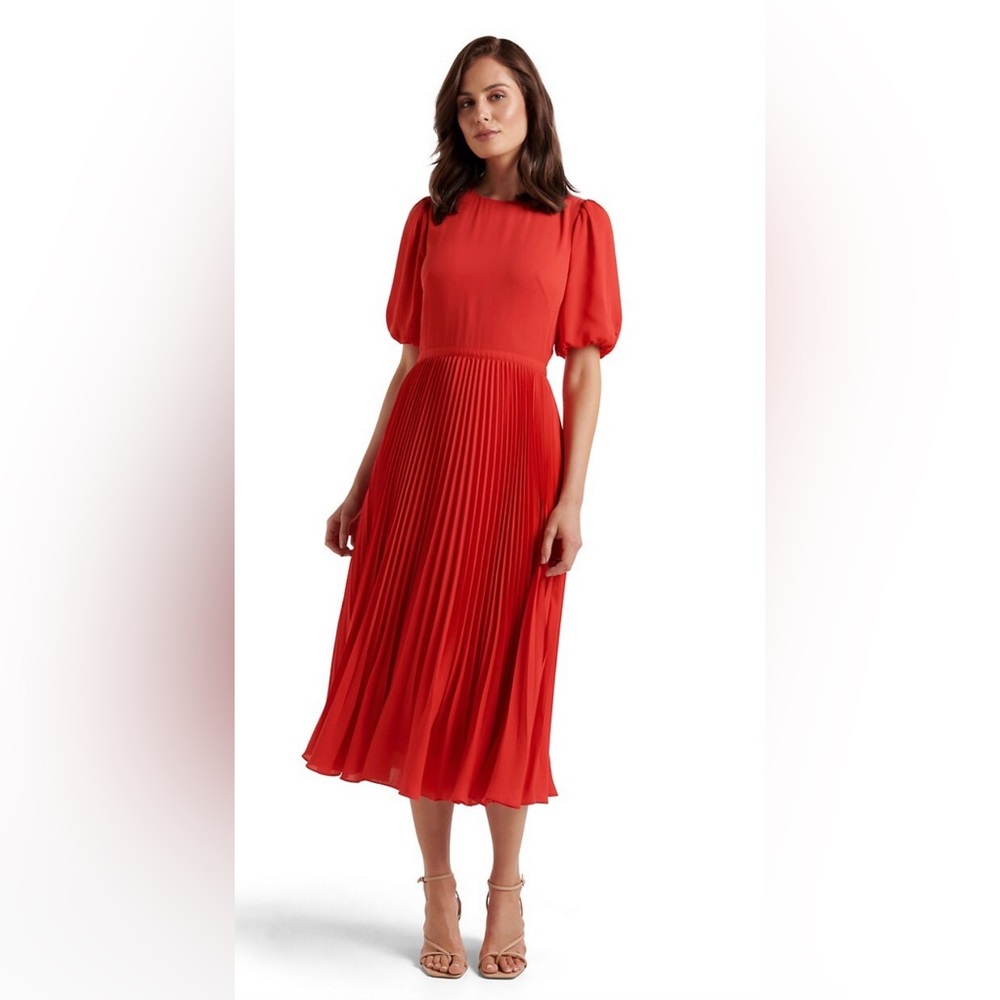 EVERNEW - Charlotte Red Puff Sleeve Pleated Midi Dress